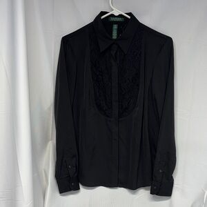 Lauren Ralph Lauren Black Lace Accent button up long sleeve collard  shirt M